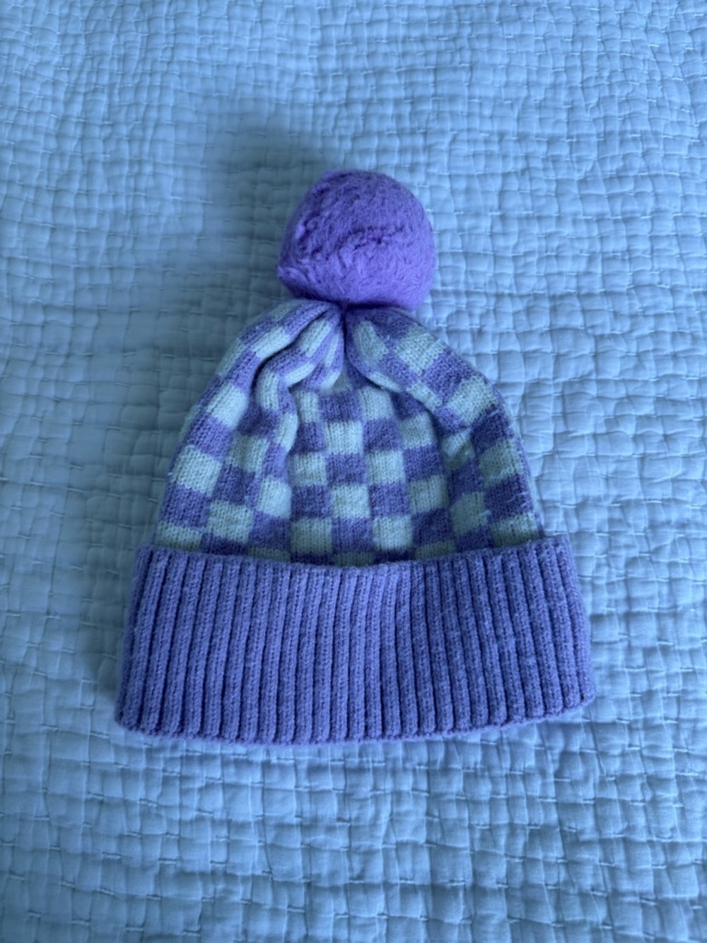 Kids Purple Checker Pom Pom Beanie
